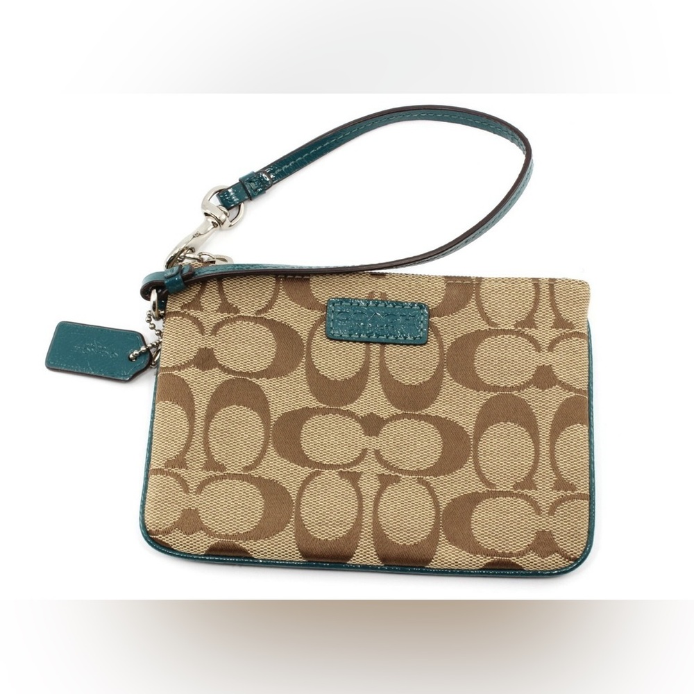 Coach Y2K Signature Logo Canvas Mini Wristlet with Blue Leather Trim Vintage